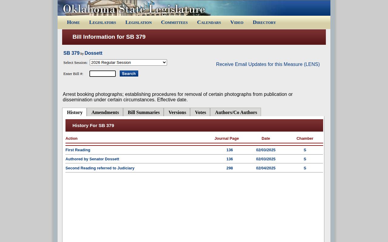 Nowata County booking-record law reference showing Oklahoma SB 379 history